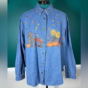 Embroidered Denim Shirt with Fall scene sunflowers pumpkins and leaves